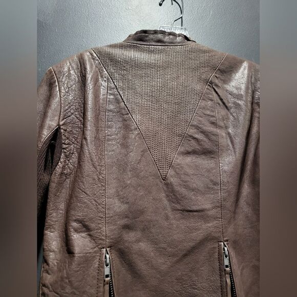 Veda Chocolate Brown Crop Leather Scoop Neck Zip Moto Biker Jacket - Picture 6 of 13
